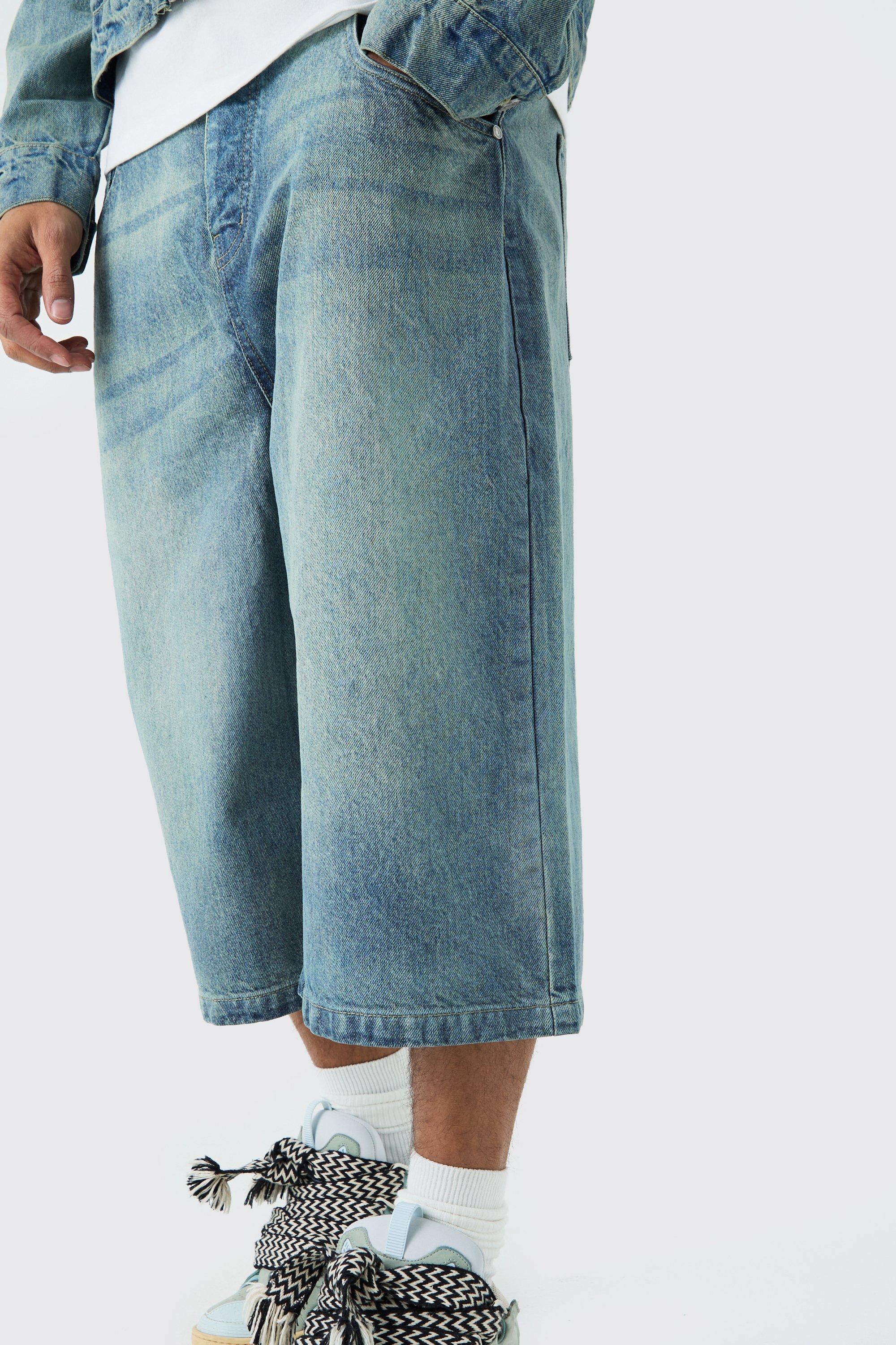 Long Line Denim Jorts In Antique Blue Wash boohoo